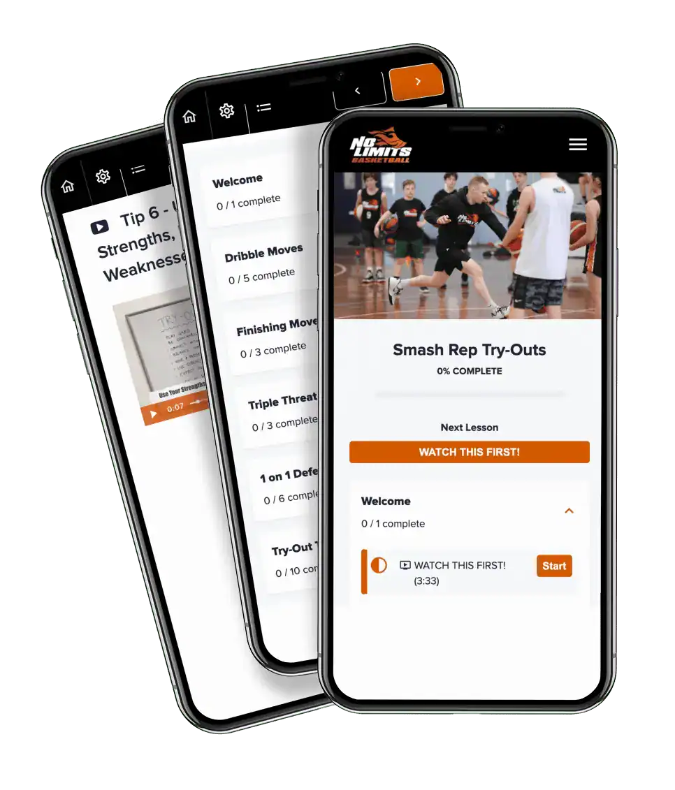 Mobile app interface showcasing basketball training drills and lessons at No Limits Basketball, focused on skill development and coaching.
